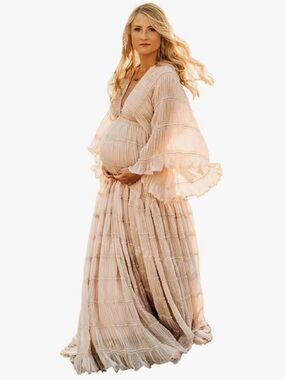 Boho Maternity Maxi Dress in Cream Blush Elegant Tiered V-Neck small Small